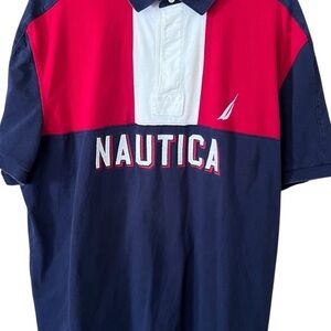 Vintage Men’s Nautica Navy, Red and White Slim Fit Shirt XXL